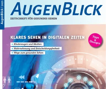 Augenblick Nr. 30 01/2025 Klares Sehen in Digitalen Zeiten Das Bild zeigt ein futuristisches Design der Zeitschrift AugenBlick mit dem Fokus auf ein menschliches Auge, das von digitalen grafischen Elementen umgeben ist. Es vermittelt den Eindruck von Technologie und digitaler Vernetzung. Oben steht der Titel „Klares Sehen in digitalen Zeiten“. Es gibt drei hervorgehobene Themen: „Kinderaugen und Medien“, „Wahrnehmung und Entscheidungsfreiheit“ und „Wege zum gesunden Sehen“. Ein Kreis mit der Aufschrift „Tipps & Übungen“ hebt sich rechts oben hervor. Technologische Symbole wie Schaltkreise, digitale Weltkarten und binäre Zahlen sind im Hintergrund integriert, was die Verbindung zwischen Mensch und Technologie unterstreicht.