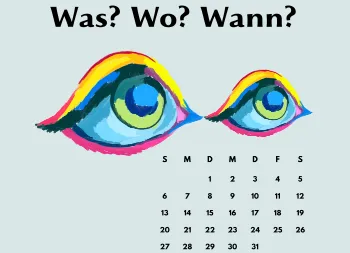 Was? Wo? Wann? Bild zeigt zwei bunte Augen und einen Monatskalender
